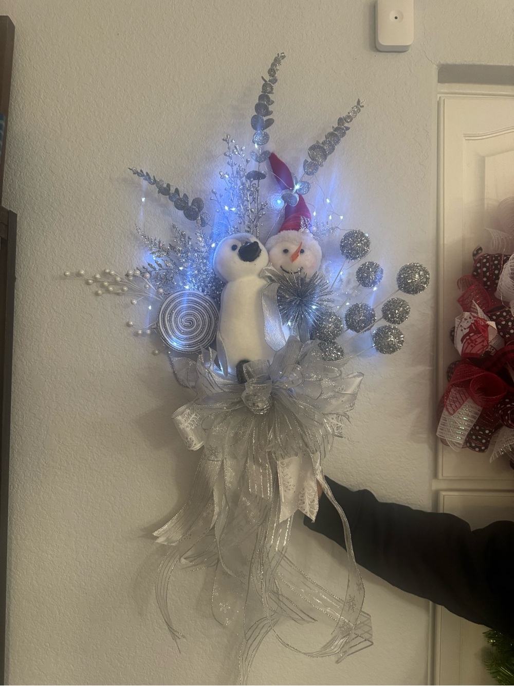 Silver and White Snowman and Penguin TREE TOPPER or Wall Accent  with LED Lights
